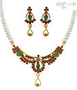 Jpearls Maroon & Green Stones Pearl Necklace Set