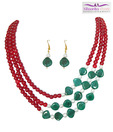 Niharikaa Pearls Red & Green Stone Pearl Set