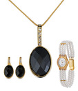 Oleva AD & Faceted Black Crystal Elegant Pendent Set & Pearl Watch Combo