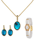 Oleva AD & Faceted Blue Crystal Pretty Pendent Set & Pearl Watch Combo