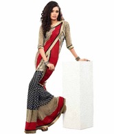 Fabdeal Appealing Red-Beige Printed Saree With Unstitched Blouse