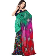 Fabdeal Charming Green-Red Printed Saree