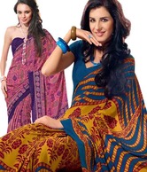 Prafful Pink & Blue-Yellow Printed Saree Combo With Unstitched Blouses