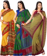 Prafful Olive Green-Yellow-Green Saree Combo Of 3