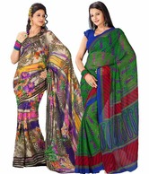 Prafful Green-Multicolour Saree Combo Of 2