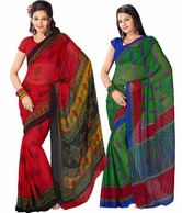 Prafful Red-Green Saree Combo Of 2