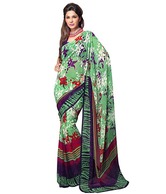 Prafful Green-Violet Printed Semi Chiffon Saree