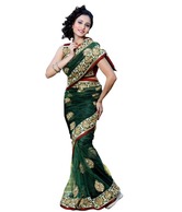 Designersareez Net Bottle Green Embroidered Saree