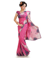 Designersareez Pink Printed Semi Chiffon Saree