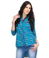 Yepme Becky Bird Turquoise Blue Printed Tunic Top