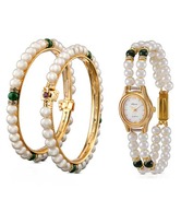 Oleva Pair of Pearl Bangles & Pearl Watch Combo