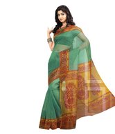 Prafful Green-Yellow Supernet Printed Saree