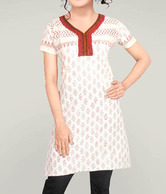 Aaneri Off White-Red Block Printed Kurti
