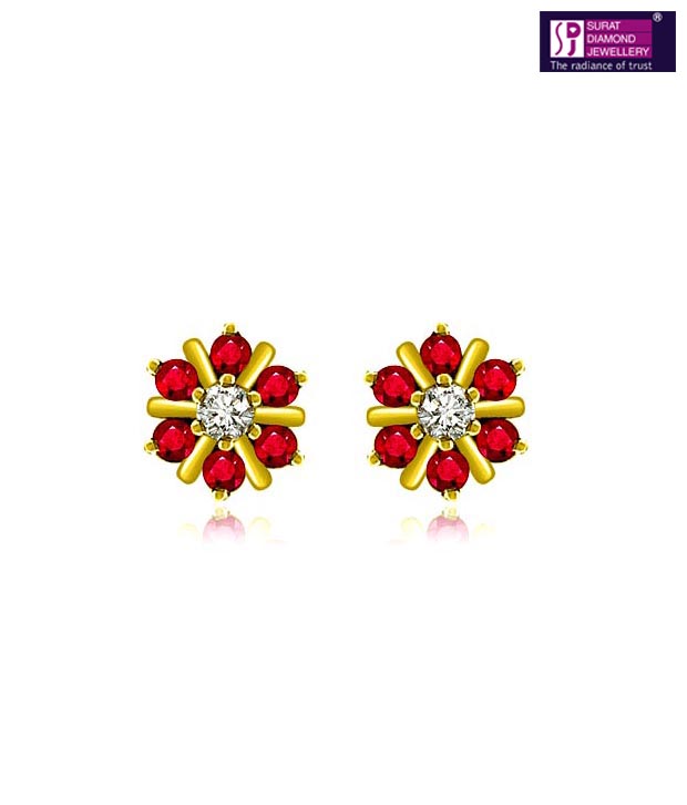 Surat Diamond Ruby Floral Golden Earrings