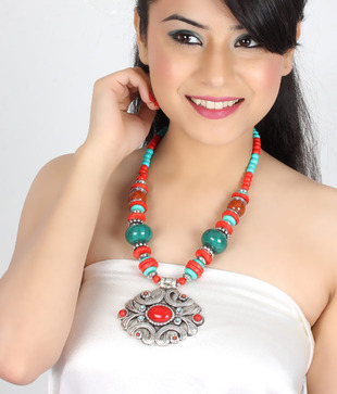 Art Mania's Coral & Phiroza Golden Pendant Necklace