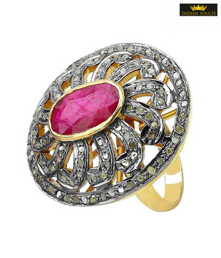 Indian Touch Exquisite Genuine Ruby & Diamond Silver Ring with Free Rakhi